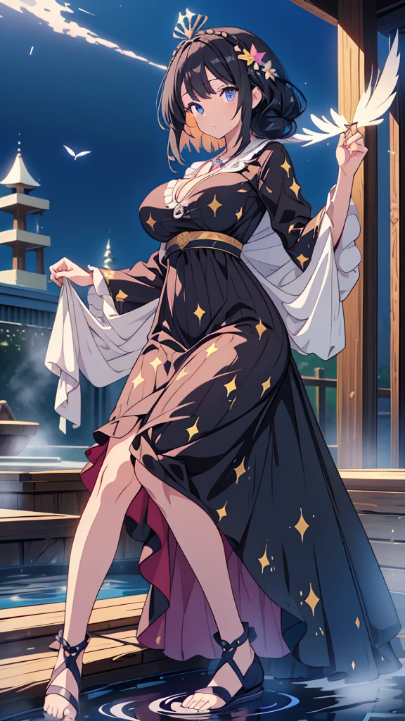 best quality, extremely detailed, anime style adult 1girl, long hair down to the waist, straight hair, ((dark black hair with bluish)),crown braid,beautiful detailed eyes, pinched eyes, dark blue eyes, huge breasts,curvy,(((pyjamas motif magical dress))),longskirt,Clothing with intricate decorations,feather and colorful accessory,((foppery shoes)),fluttering cloak,animation cap,animated gif,((((hot spring))))