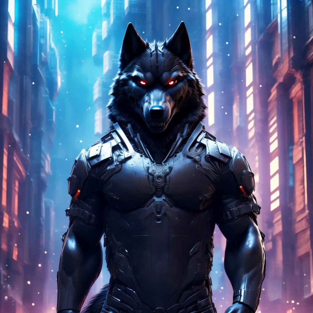 Posing, Male, 30 years old, evil grin, blue glowing eyes , anthro,  wolf ears, (black fur:1.5), cyber wolf, city background, 8k, hi res, (best quality, masterpiece), (wolf tail:1.5), detailed fur, solo, looking at camera, night, black leather jacket, Blue jeans, realistic,