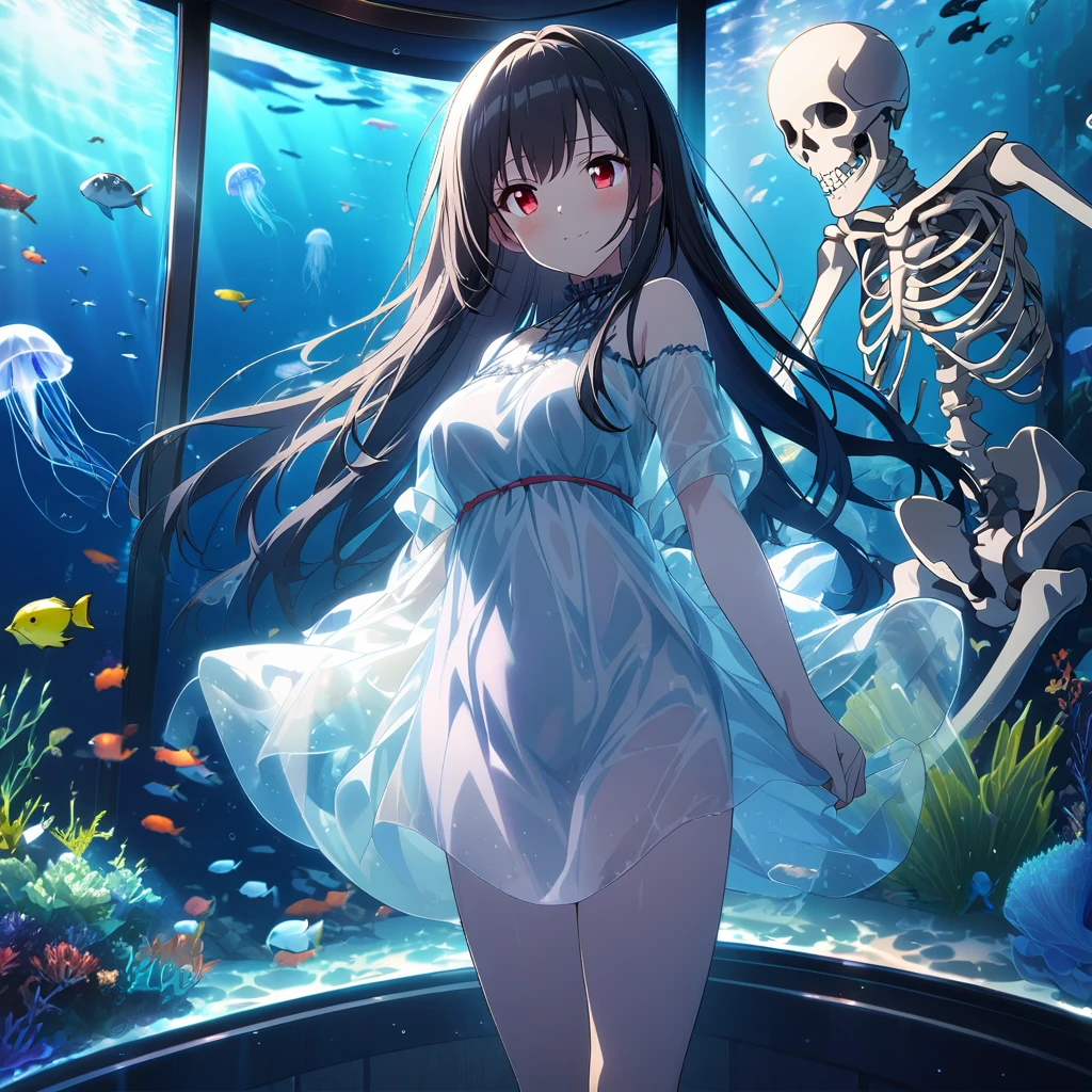 1girl、Black Hair、Red eyes、Skeleton Body、clear plastic dress、Blue jellyfish、aquarium、deep faint light 、 detailed CG、high resolution