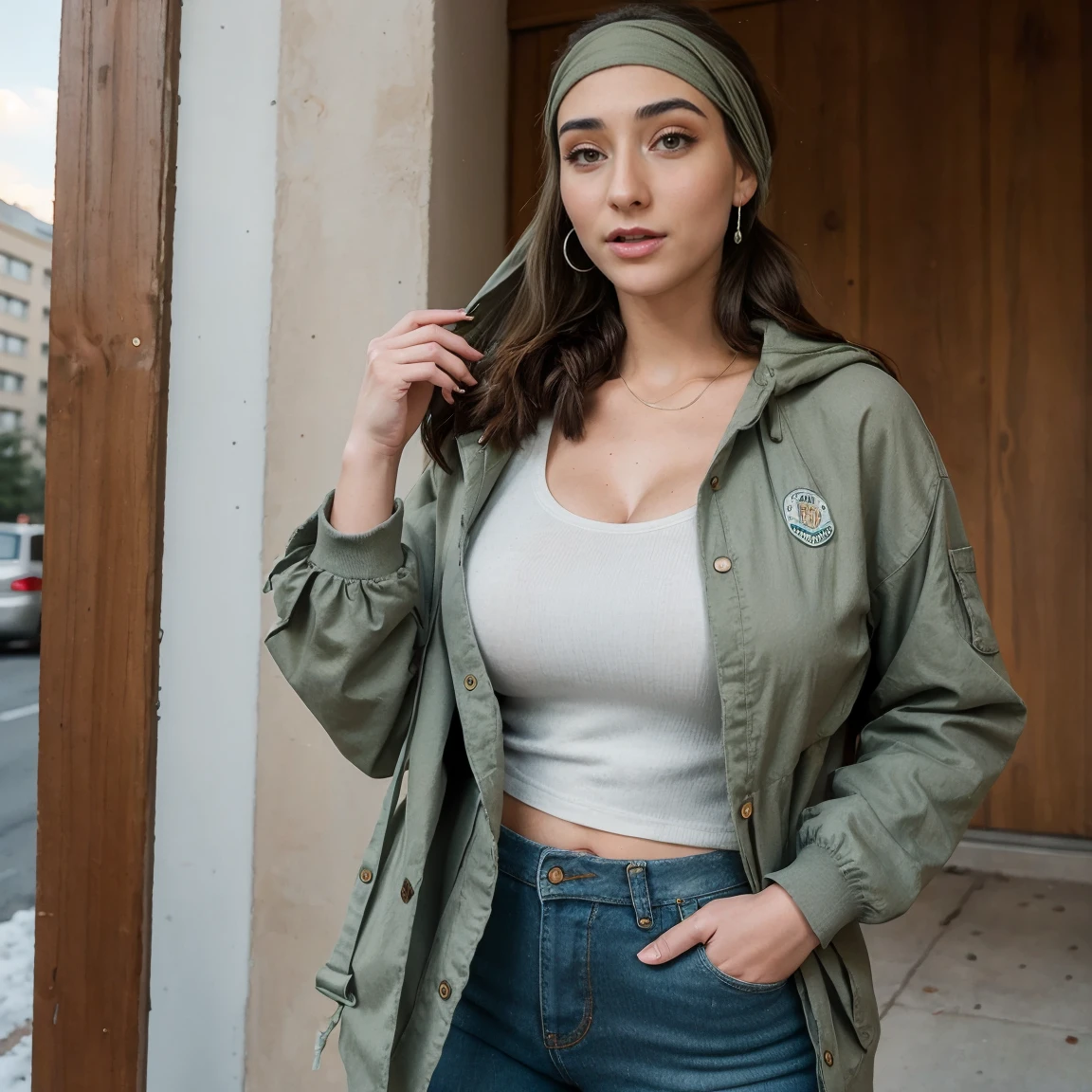 Extremely busty thin and toned brunette photographer, college girl, fair skin, loose ponytail, soft face, athletic, bandana babushka headwrap, tight olive green casual windbreaker, skinny jeans. standing in front of her apartment building, outdoors, city, camera bag, cleavage 