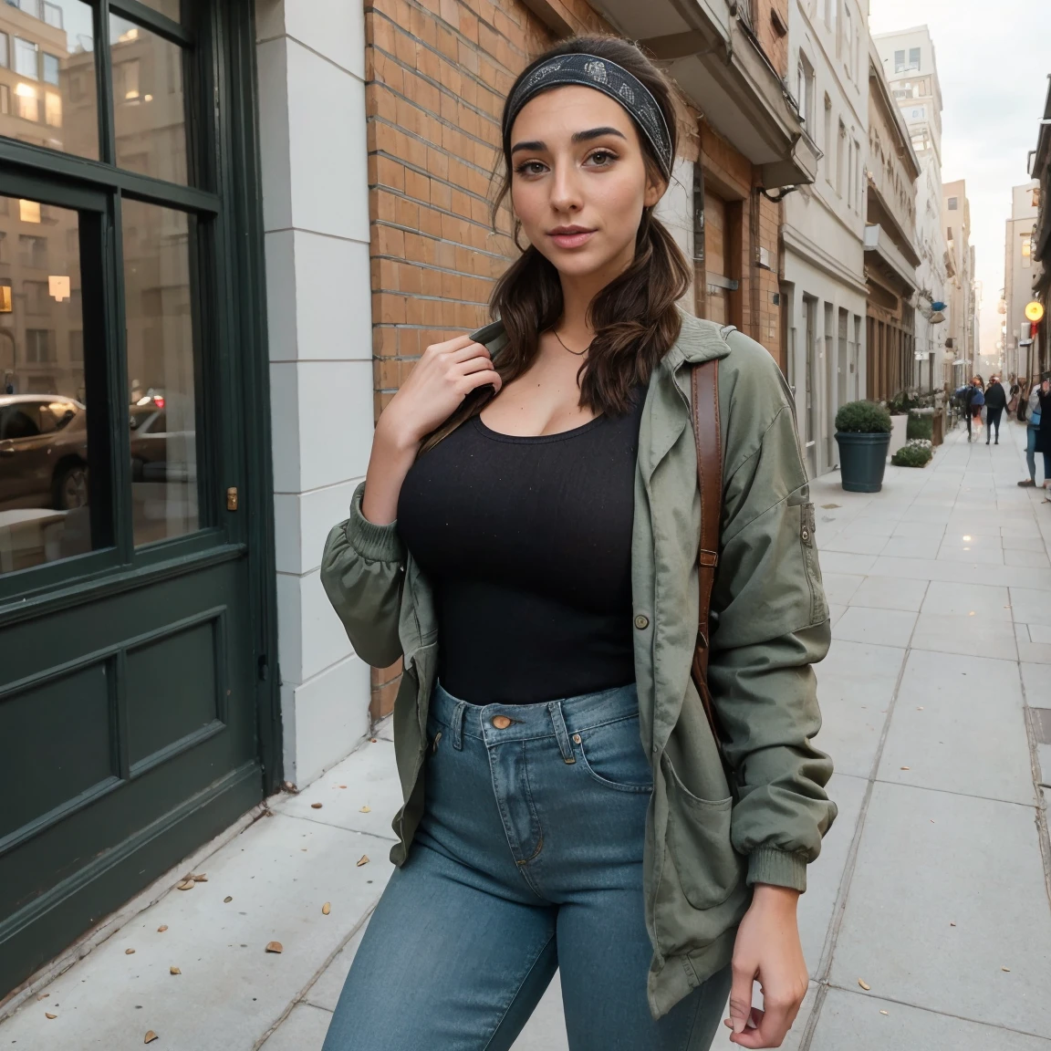 Extremely busty thin and toned brunette photographer, college girl, fair skin, loose ponytail, soft face, athletic, bandana babushka headwrap, tight olive green casual windbreaker, skinny jeans. standing in front of her apartment building, outdoors, city, camera bag, cleavage