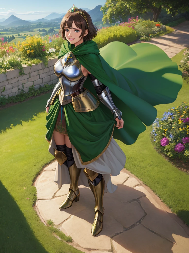 masterpiece, best quality:1.2), 1girl, smile, looking at viewer, green eyes, short brown hair, princess, armor, , pauldrons, armored dress, green cloak cape, wearing puffy blue ballgown skirt, golden tiara with green gem, armored boots, fingerless gloves, standing in medieval garden
