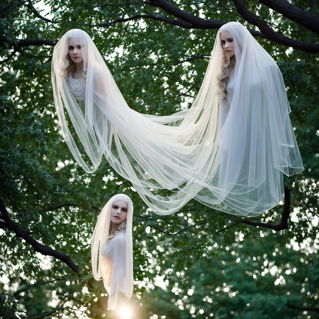 classic ghost, white translucent female, entangled in tree branches, twilight