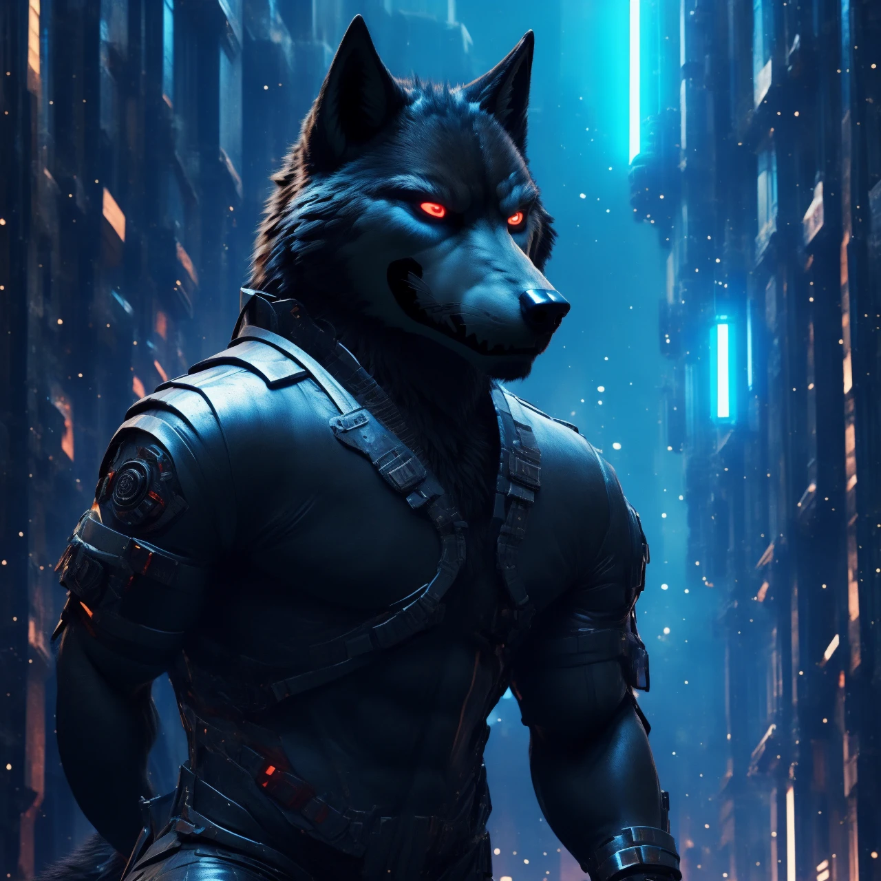 Posing, Male, 30 years old, evil grin, visor, blue glowing eyes , anthro,  wolf ears, (black fur:1.5), cyber wolf, city background, 8k, hi res, (best quality, masterpiece), (wolf tail:1.5), detailed fur, solo, looking at camera, night, black leather jacket, Blue jeans, realistic,