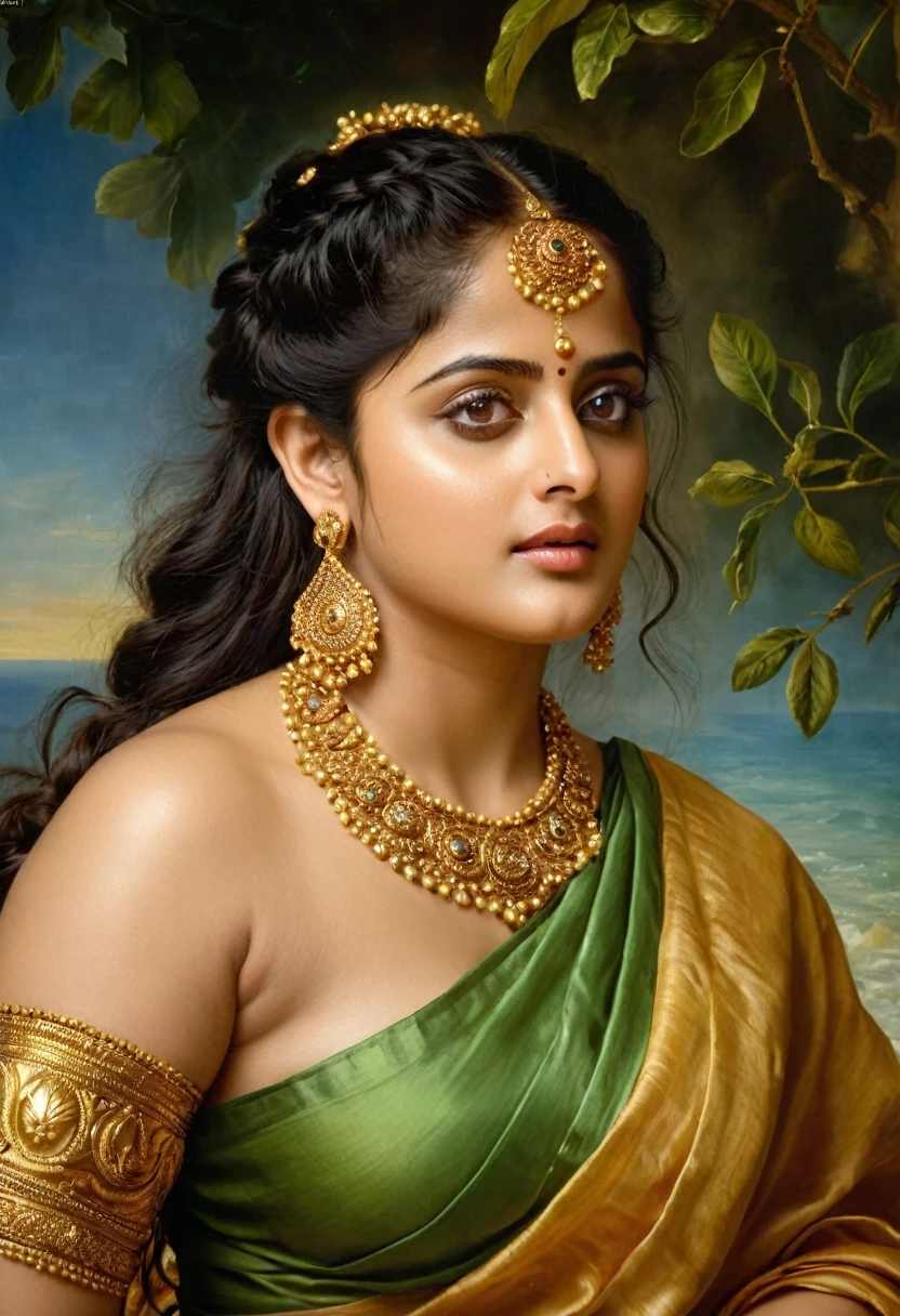Looks like Anushka Shetty, Masterpiece, Best quality, high clarity eyes, beautifully styled hair, critically flawless,sharp picture, Full portrait, High pixels, perfect face, perfect eyes, beautiful face, perfect hands,perfect fingers, in Peter Paul Rubens style, by Peter Paul Rubens, baroque style, acrylic on canvas, highly detailed, description: "Create a nymph inspired by the tales of Greek or Roman mythology, embodying the essence of a natural element or location, and possessing a unique ability or trait that sets her apart."