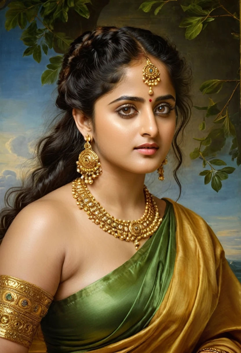 Looks like Anushka Shetty, Masterpiece, Best quality, high clarity eyes, beautifully styled hair, critically flawless,sharp picture, Full portrait, High pixels, perfect face, perfect eyes, beautiful face, perfect hands,perfect fingers, in Peter Paul Rubens style, by Peter Paul Rubens, baroque style, acrylic on canvas, highly detailed, description: "Create a nymph inspired by the tales of Greek or Roman mythology, embodying the essence of a natural element or location, and possessing a unique ability or trait that sets her apart."