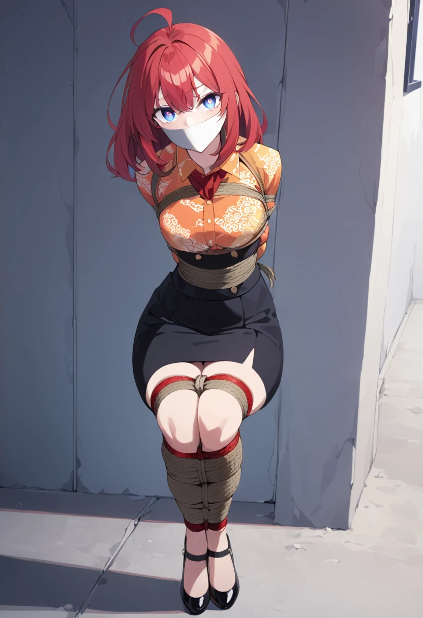 (bound wirsts), (arms behind back), (tapegag, tape gag), dramatic, (looking at viewer), (detailed pupils:1.3) masterpiece, (best quality), perfect eyes, bound, bondage, (arms behind back:1.4), bdsm, tape gag, rope, rope bondage, close-up, restrained,curled up, best anatomy, full body, standing, perfect famale body,A age girl, standing confidently in a schoolyard, wearing a traditional Indonesian . The uniform features a vibrant, orange batik patterned shirt with long sleeves. A simple black belt cinches the waist. Her long, flowing black skirt reaches her ankles, contrasting with the colorful top, red hair, star ornament, blue eyes, ahoge, high-waist skirt, long skirt,pencil skirt, shoes , school, classroom, red rope, thick rope,