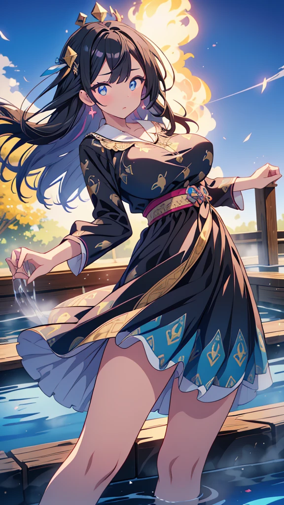 best quality, extremely detailed, anime style adult 1girl, long hair down to the waist, straight hair, ((dark black hair with bluish)),crown braid,beautiful detailed eyes, pinched eyes, dark blue eyes, huge breasts,curvy,(((pyjamas motif magical colorful dress))),longskirt,Clothing with intricate decorations,feather and colorful accessory,((foppery shoes)),fluttering cloak,animation cap,animated gif,((((hot spring))))