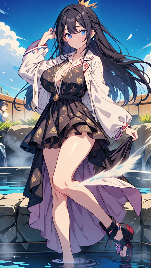 best quality, extremely detailed, anime style adult 1girl, long hair down to the waist, straight hair, ((dark black hair with bluish)),crown braid,beautiful detailed eyes, pinched eyes, dark blue eyes, huge breasts,curvy,(((pyjamas motif magical colorful dress))),longskirt,Clothing with intricate decorations,feather and colorful accessory,((foppery shoes)),fluttering cloak,animation cap,animated gif,((((hot spring))))