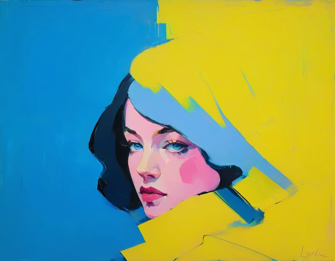 Create a contemporary portrait of a person in the expressive and painterly style of Malcolm Liepke, utilizing a palette of light pink, muted blue, dark grayish blue, bright blue, very dark gray, and light grayish blue. The portrait should feature a close-up of the subject's face with strong, dynamic brushstrokes and a focus on capturing the depth and texture characteristic of Liepke's work. Use light pink and bright blue for the highlights and vibrant areas, while employing muted blue, dark grayish blue, very dark gray, and light grayish blue to create shadows and depth. Ensure the background complements the portrait with subtle variations of the same color palette, evoking a sense of modern elegance and emotional intensity