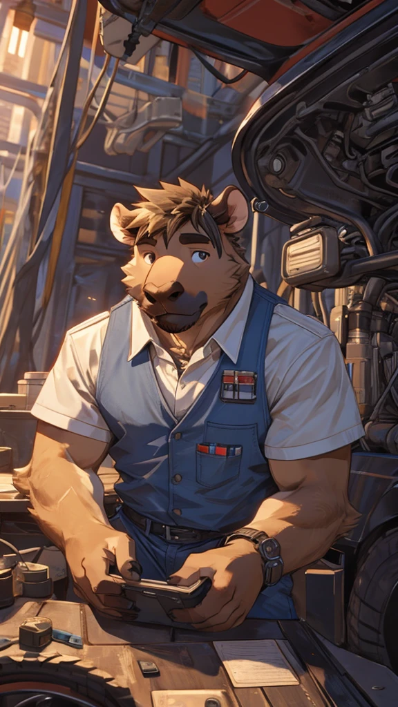 A male furry capybara, about 25 years old, not big but has a marked body, he works as a mechanic
