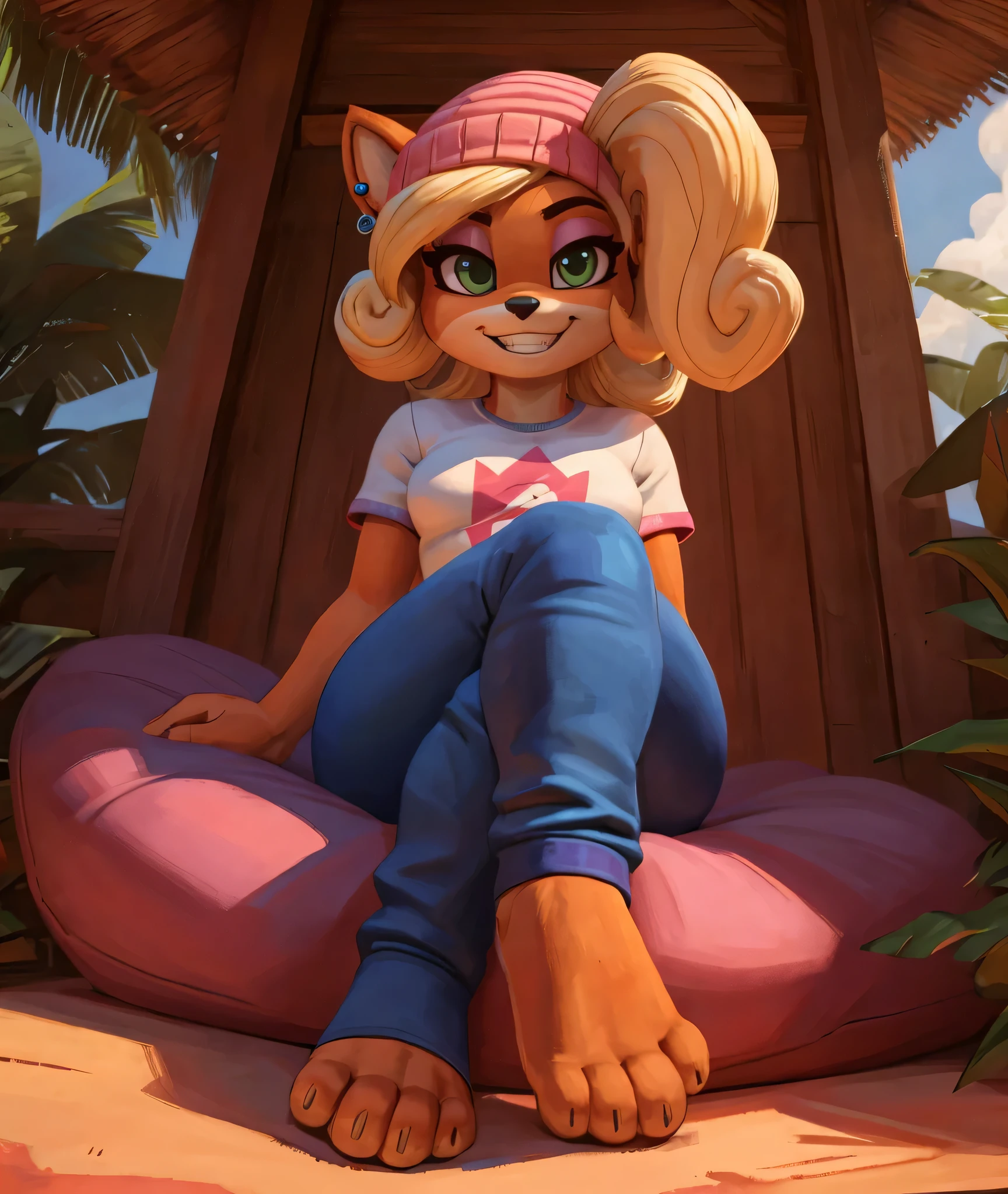[Coco bandicoot], [Uploaded to e621.net; (Pixelsketcher), (wamudrawasterpiece)), ((HD)), ((solo portrait)), ((low angle view)), ((front view)), ((feet visible)), ((furry; anthro)), ((detailed fur)), ((detailed shading)), ((beautiful render art)), ((intricate details)), {anthro; orange fur, black nose, (cute green eyes), (short eyelashes), (pink eyeshadow), (long blonde curly hair), (curvy hips), (beautiful legs), (beautiful feet), (blushing), (cute grin)}, {(white tee shirt), (yellow star printed on shirt), (tight pink yoga pants), (toeless stirrup socks), (pink beanie), (silver earrings)}, {(sitting on beanbag), (crossed legs), (looking at viewer)}, [background; (tropical forest), (tree house), (window), (blue sky), (sun rays)]