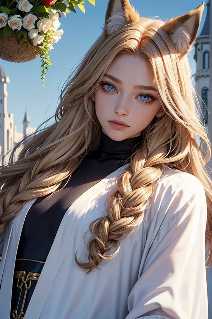 Androgynous young man, very long wavy blond hair, tight-fitting clothes, kemonomimi, fox ear, fox tail, different-colored eyes, light eyes, long eyelashes, gazing at camera, close-up portrait, man, garden, flower, one gray eye and one blue eye, bare torso, castle, red veil, flowers in hair, blond and brown hair.