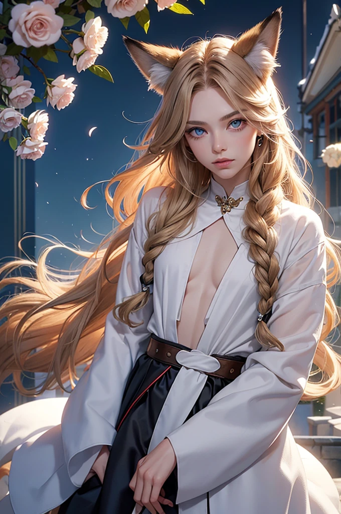 Androgynous young man, very long wavy blond hair, tight-fitting clothes, kemonomimi, fox ear, fox tail, different-colored eyes, light eyes, long eyelashes, gazing at camera, close-up portrait, man, garden, flower, one gray eye and one blue eye, bare torso, castle, red veil, flowers in hair, blond and brown hair.