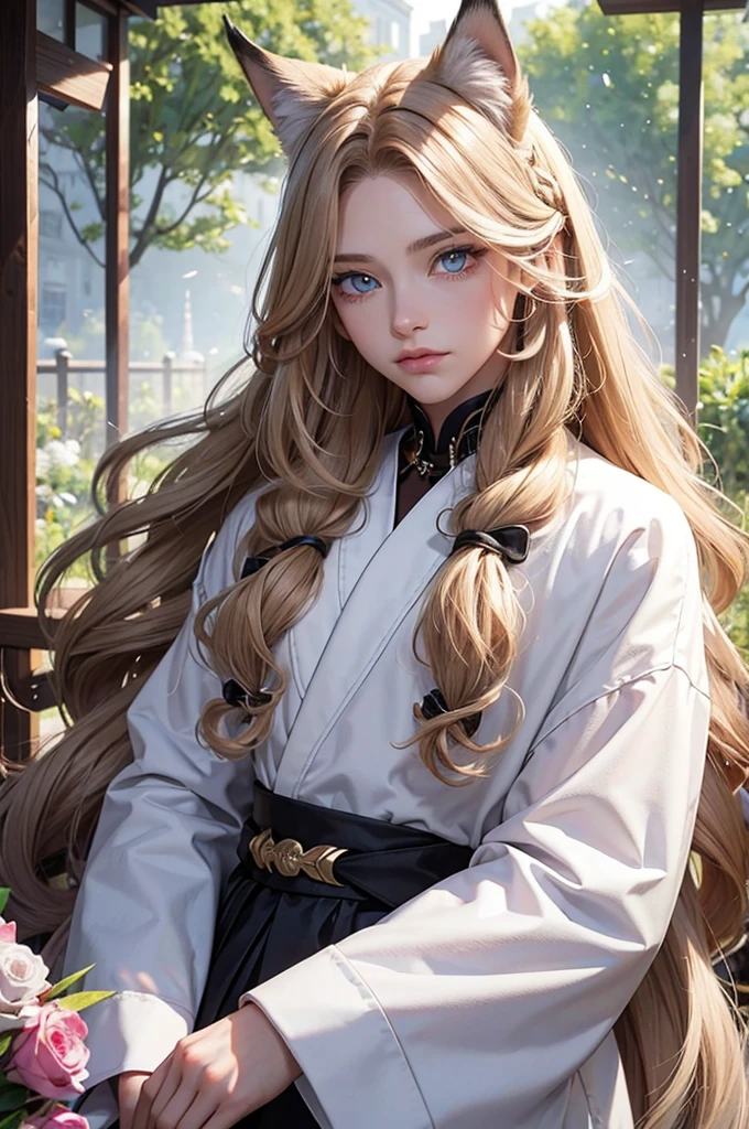 Androgynous young man, very long wavy blond hair, tight-fitting clothes, kemonomimi, fox ear, fox tail, different-colored eyes, light eyes, long eyelashes, gazing at camera, close-up portrait, man, garden, flower, one gray eye and one blue eye, bare torso, castle, red veil, flowers in hair, blond and brown hair.