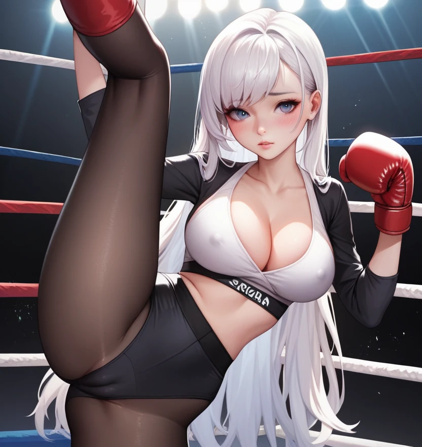 korean beautifull girl,18 years old,Pretty Face,Good shape,detailed picture, Shy expression, blush,White long hair, Wear sexy yoga clothes,Wear black pantyhose,high-heel boots, Wearing black boxing gloves,Black sleeves on arms, Side kick in the boxing ring,Large Breasts,Cleavage,Long legs,Thin waist,nipple,Camel toe