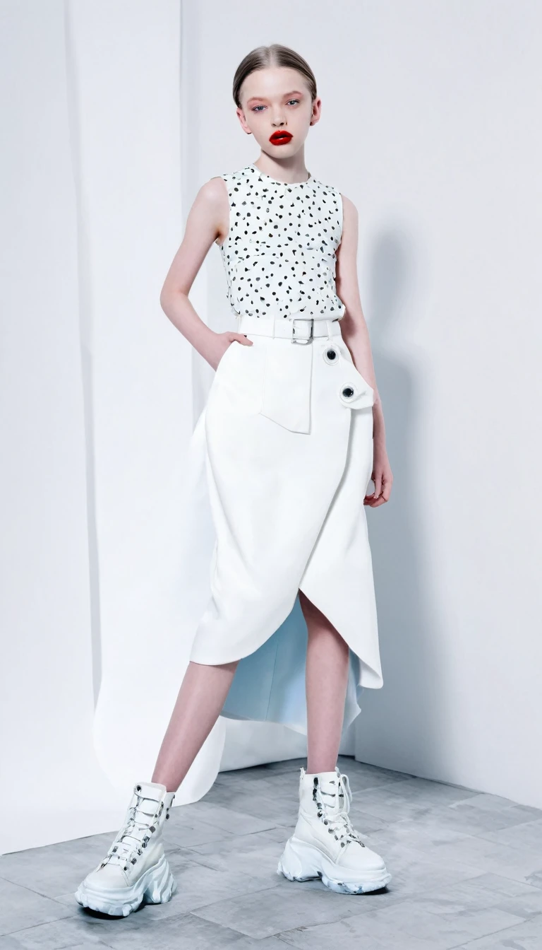 fashion full length photo, 11 years old girl balenciaga mode, with lips apart, ultra white pale skin, artistic photo, professional photo, perfect cinematic light, full lips, different sides photo, colorful clothing