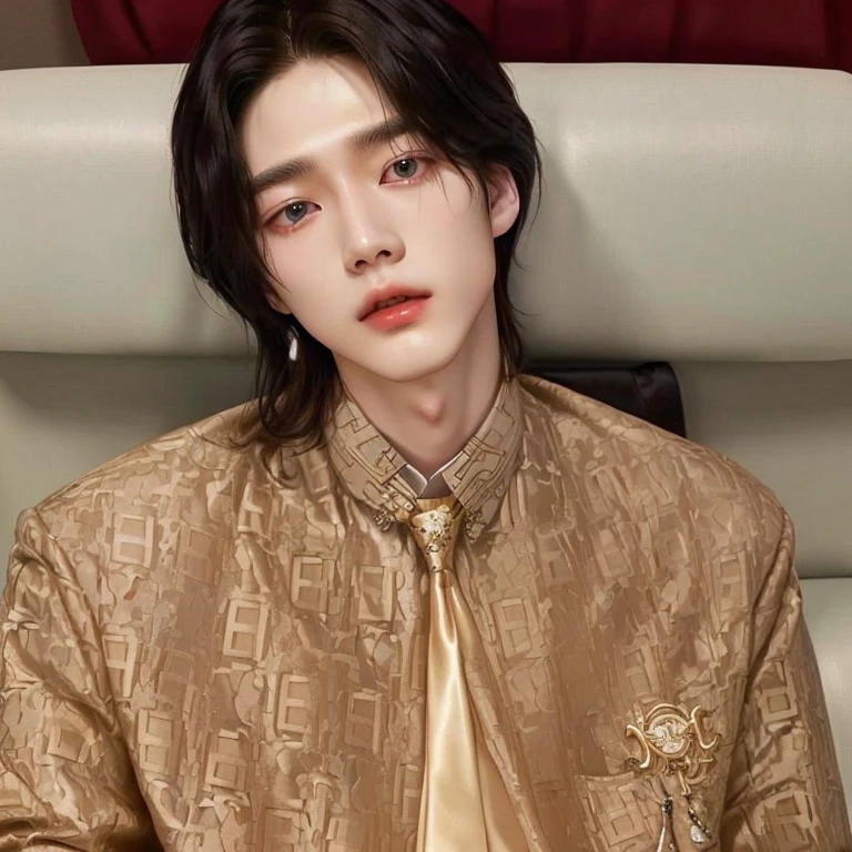 Close-up of a person sitting in a chair with a tie, Jung Jaehyun, kim doyoung, delicate androgynous prince, cai xukun, jinyoung shin, young pale angel, beautiful androgynous prince, hyung tae, wicked ulzzang, Yanjun Chengt, hsiao-ron, kim taejin, pale korean adorable face