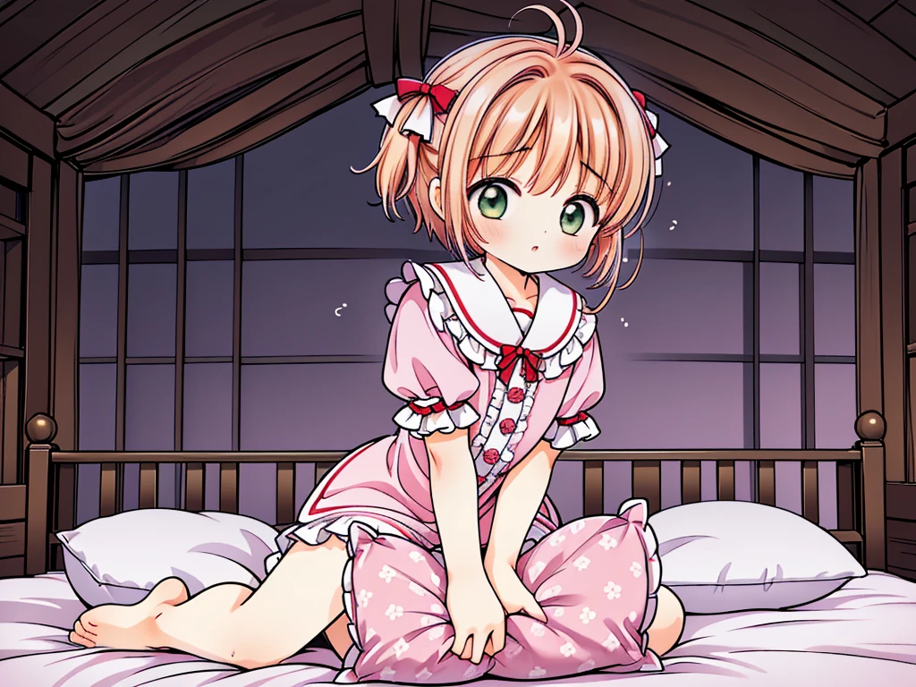 (masterpiece,best quality,best quality, masterpiece),my own, , , (适合任何Pillow背景的光影)), 穿着pajamas可爱女孩在Pillow上摆姿势 ,pajamas,,(很多Pillow),Soft cushion,,,,很多Pillow,,,(Pillow),(A tail),,(充满细节的Pillow),(Love around the protagonist),Steam,,(Pillow),(palace),(Palace bedroom),(Pillow),柔软的Pillow,,(Classical European style bedroom ),(excited,shy person,Lack of expressiveness,),,, ((Maximum resolution)), artwork, ,,,(Interior of the palace),,(Deluxe Rococo Canopy King Bed),On a big and spacious bed,(),,,,Luxurious curtains with ornate ruffles and ribbons surround the bed,((((There are many pillows piled on the bed)))),Detail of Quilt,Detailed bed sheets,Ruffled Bed Skirt,Deep Bed,Background with depth,((详细的Pillow)), ((((大量的Pillow)))),,,详细的软Pillow,,((女孩正躺在许多柔软的Pillow上,周围有许多Pillow)),。Many small feathers fluttering、 带褶边和缎带的长裙pajamas、In a huge, Large canopy bed、Soft pink sheets and quilt、色彩鲜艳的柔软Pillow、很多带褶边的Pillow和带褶边的床裙、Soft toned bed、Ruffled curtains around the bed.。Delicate face。Background with depth,kinomoto sakura,(kinomoto sakura, 1girl, brown hair, short hair, antenna hair, , green eyes),,pillow humping, crotch rub