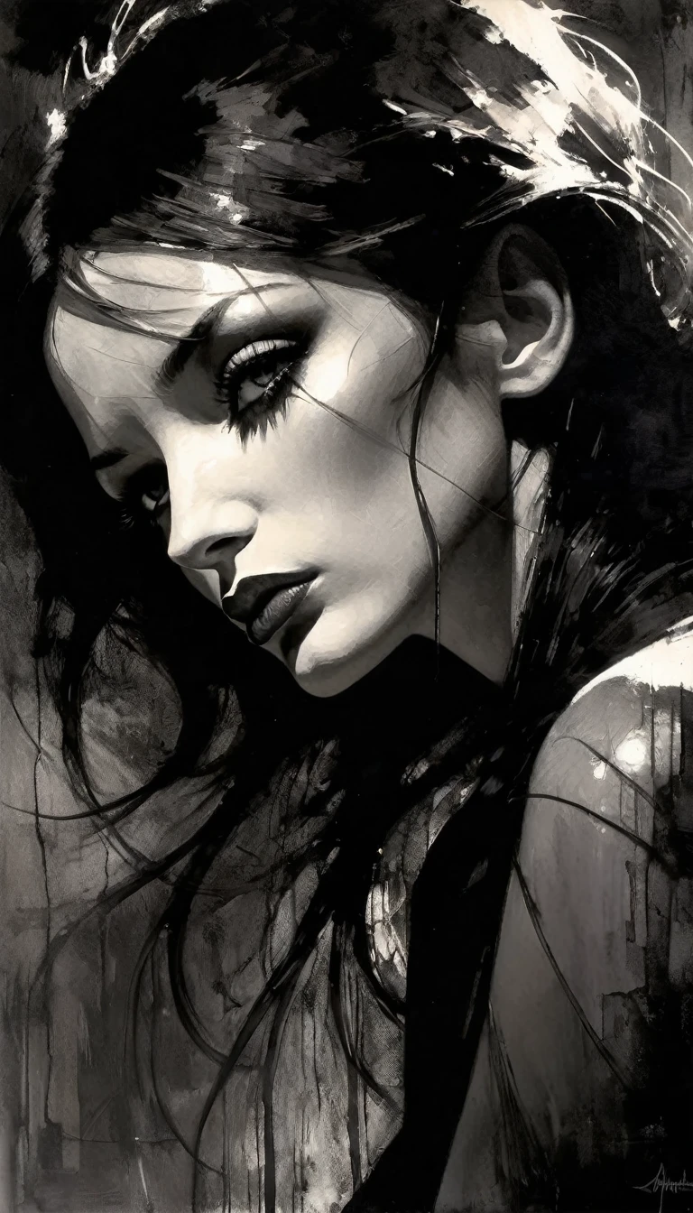 Black and white image, chiaroscuro, sensual, dramatic lighting, moody atmosphere, photorealistic, intricate details, masterpiece, ultra-detailed, high quality, 8k, best quality, realistic, cinematic, dark and brooding, expressionistic, powerful composition, emotional impact (art inspired in Bill Sienkiewicz). oil painting)
