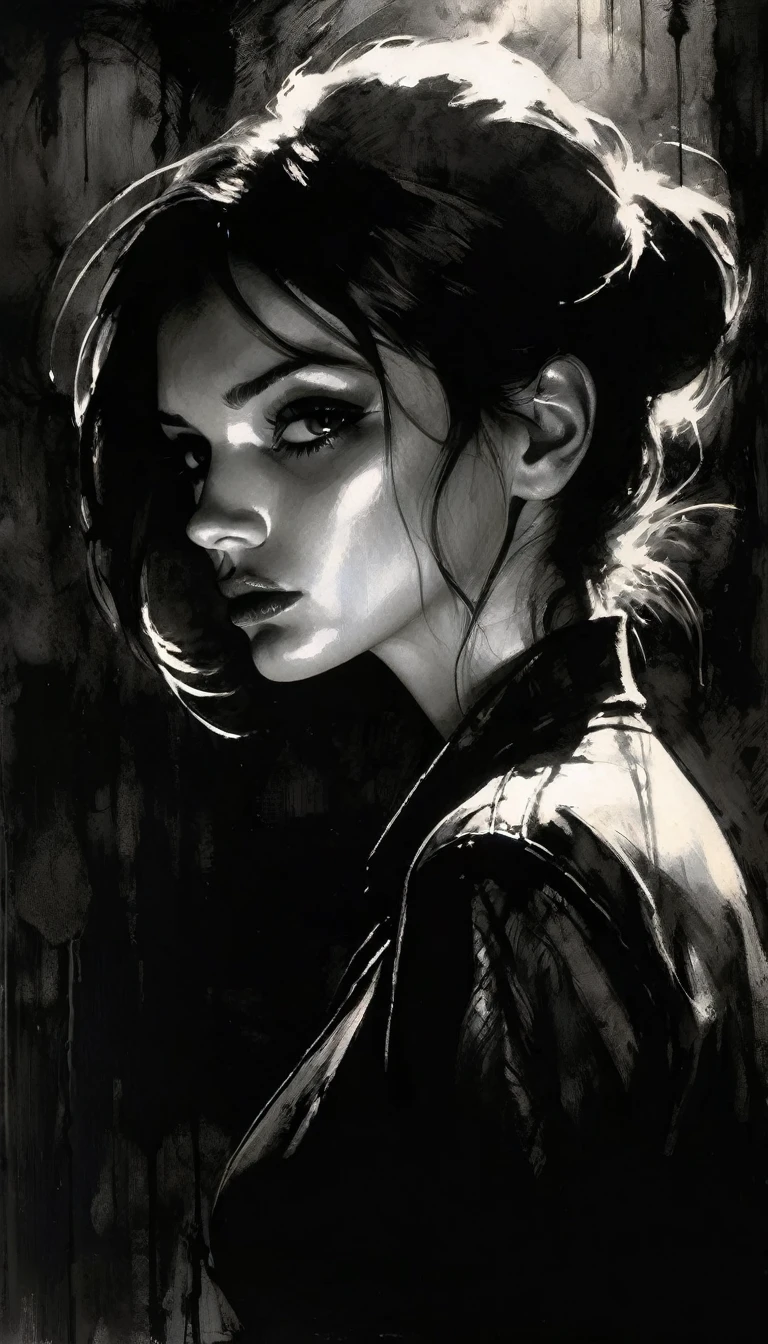 Black and white image, chiaroscuro, sensual, dramatic lighting, moody atmosphere, photorealistic, intricate details, masterpiece, ultra-detailed, high quality, 8k, best quality, realistic, cinematic, dark and brooding, expressionistic, powerful composition, emotional impact (art inspired in Bill Sienkiewicz). oil painting)
