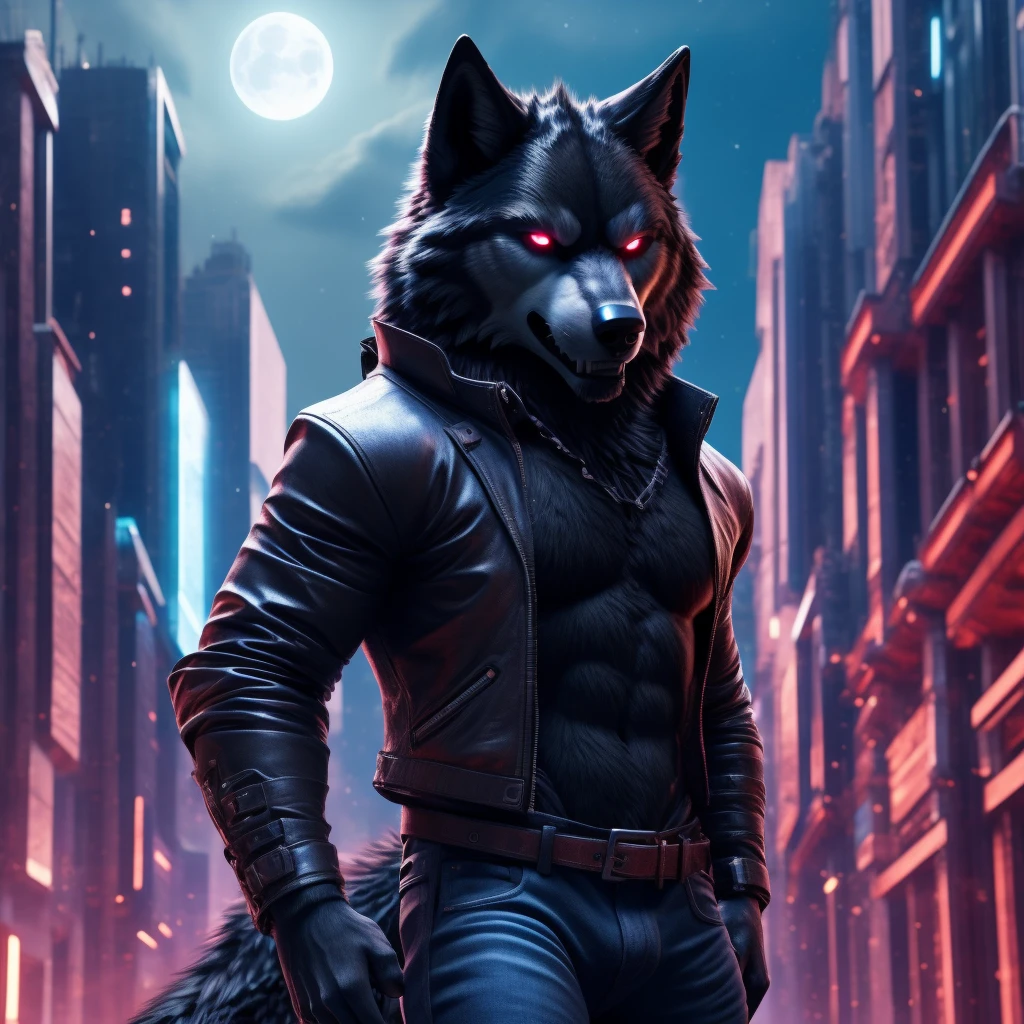 Posing, Male, 30 years old, evil grin, blue glowing eyes , anthro,  wolf ears, (black fur:1.5), cyber wolf, city background, 8k, hi res, (best quality, masterpiece), (wolf tail:1.5), detailed fur, solo, looking at camera, night, black leather jacket, Blue jeans, realistic,