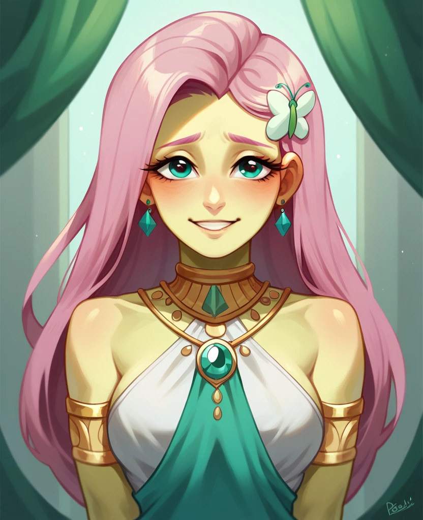 fluttershy from equestria girls half naked wearing greek clothes with jewelry all over her body while looking at the viewer in front while having sex with Zeus with a happy face