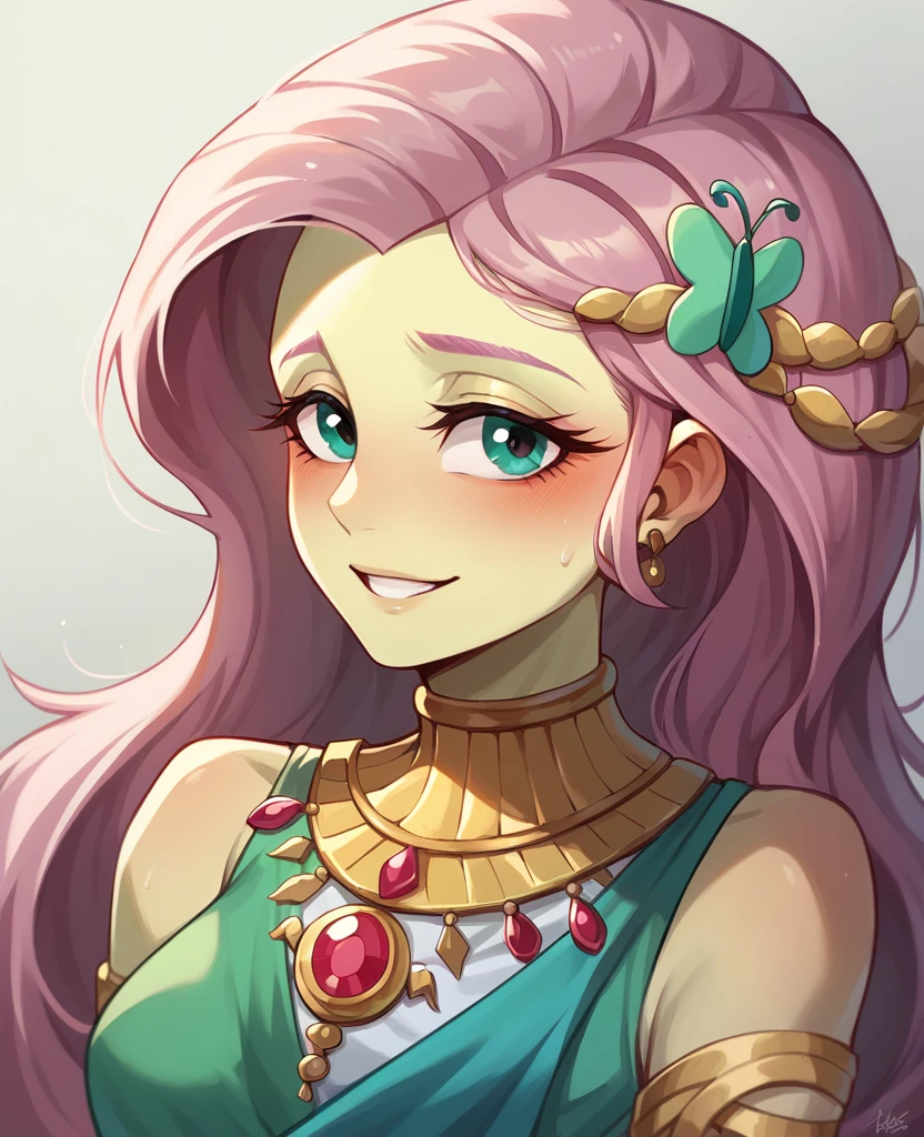 fluttershy from equestria girls half naked wearing greek clothes with jewelry all over her body while looking at the viewer in front while having sex with Zeus with a happy face