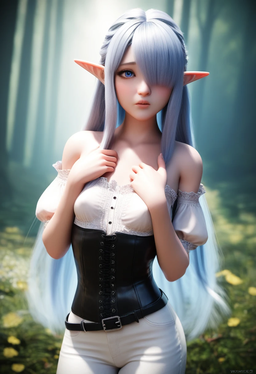 a detailed gnome girl with pale skin, short stature, and very long silver hair that curls at the ends, covering one eye, with small breasts, pouty lips, and bright blue anime-style eyes with long lashes, wearing a corset, white puffy long sleeved shirt, and puffy cloth pants, leather bound boots, set in a windy fantasy landscape, (best quality,4k,8k,highres,masterpiece:1.2),ultra-detailed, dungeons and dragons, long elf ears, small girl, detailed skin and cloth textures, cute detailed face, intricate details, extremely detailed, 1girl, dynamic pose with hair covering one eye, shy personality, cloth pants with leather belt