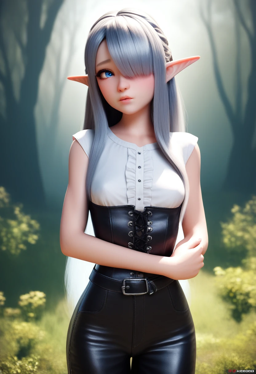 a detailed gnome girl with pale skin, short stature, and very long silver hair that curls at the ends, covering one eye, with small breasts, pouty lips, and bright blue anime-style eyes with long lashes, wearing a corset, white puffy long sleeved shirt, and puffy cloth pants, leather bound boots, set in a windy fantasy landscape, (best quality,4k,8k,highres,masterpiece:1.2),ultra-detailed, dungeons and dragons, long elf ears, small girl, detailed skin and cloth textures, cute detailed face, intricate details, extremely detailed, 1girl, dynamic pose with hair covering one eye, shy personality, cloth pants with leather belt