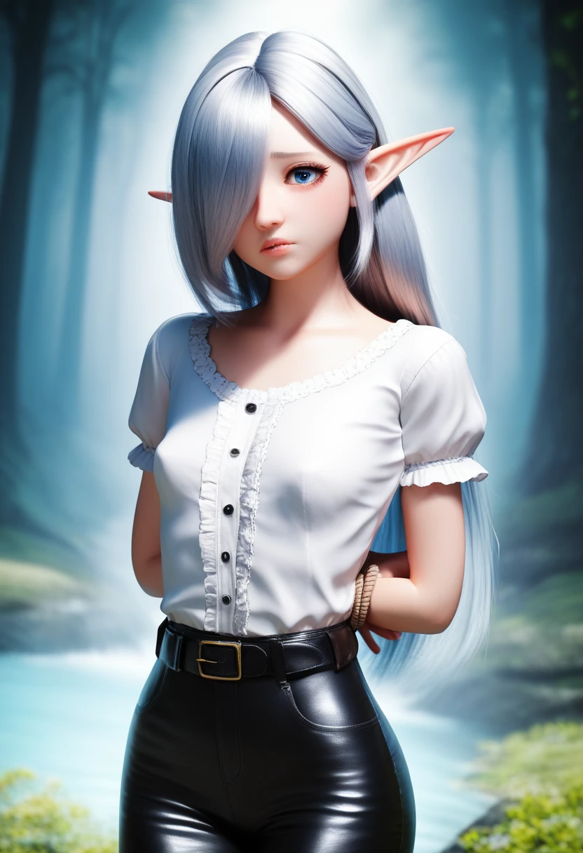 a detailed gnome girl with pale skin, short stature, and very long silver hair that curls at the ends, covering one eye, with small breasts, pouty lips, and bright blue anime-style eyes with long lashes, wearing a corset, white puffy long sleeved shirt, and puffy cloth pants, leather bound boots, set in a windy fantasy landscape, (best quality,4k,8k,highres,masterpiece:1.2),ultra-detailed, dungeons and dragons, long elf ears,  girl, detailed skin and cloth textures, cute detailed face, intricate details, extremely detailed, 1girl, dynamic pose with hair covering one eye, shy personality, cloth pants with leather belt