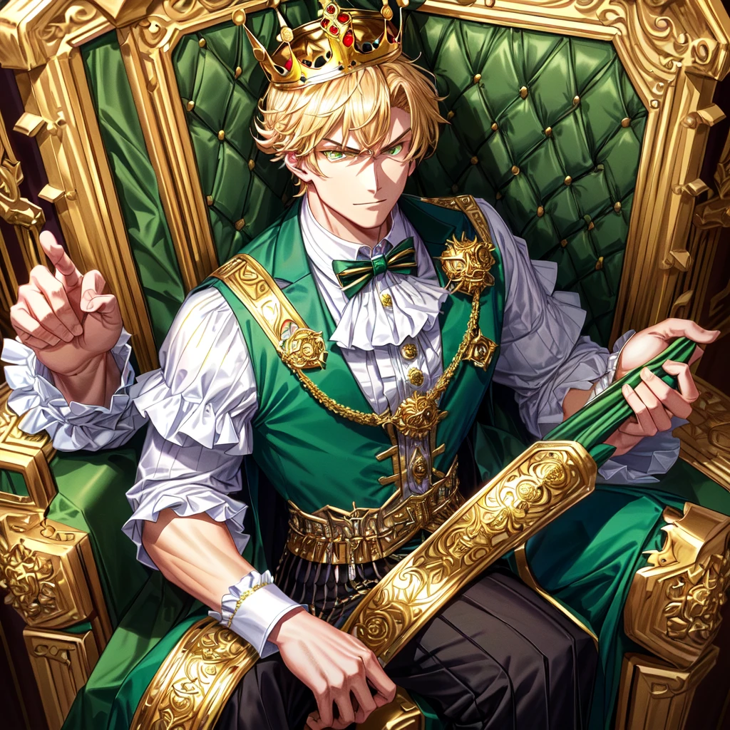 1Man, Villain, King, Regal medieval shirt with ruffled collar and sleeve cuffs, l green waistcoat, very muscular body type, gold crown on head, menacing aura, sitting on throne, King of Bees