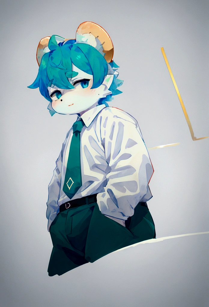A dragon with light blue skin with 2 small yellow horn on head with white eyebrow hair 2 color white and dark blue with bear on both cheeks, have a chubby body, Wearing a blue and dark green jacket with a few yellow lines inside, wearing a white collared shirt with a dark green tie and weara bit black pant
