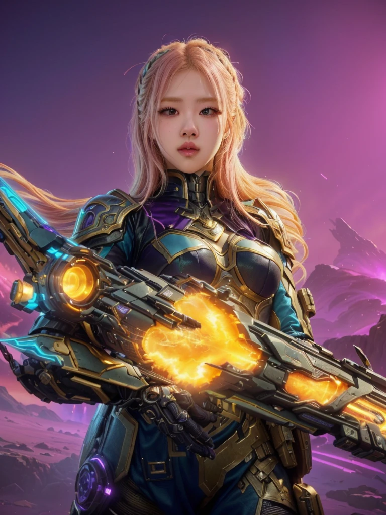 a woman with a sci - futuristic weapon in a purple background, epic fantasy digital art style, colorfull digital fantasy art, fantasy art behance, fantasy paladin woman, digital 2d fantasy art, digital fantasy art ), artgerm julie bell beeple, detailed fantasy digital art, epic scifi character art, colorful sci-fi steampunk, mechanized valkyrie girl, rose blackpink, blackpink rose, rosé, roseanne park of blackpink