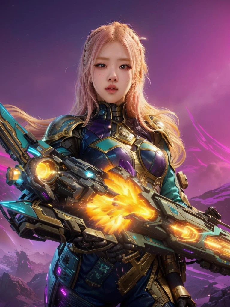 a woman with a sci - futuristic weapon in a purple background, epic fantasy digital art style, colorfull digital fantasy art, fantasy art behance, fantasy paladin woman, digital 2d fantasy art, digital fantasy art ), artgerm julie bell beeple, detailed fantasy digital art, epic scifi character art, colorful sci-fi steampunk, mechanized valkyrie girl, rose blackpink, blackpink rose, rosé, roseanne park of blackpink
