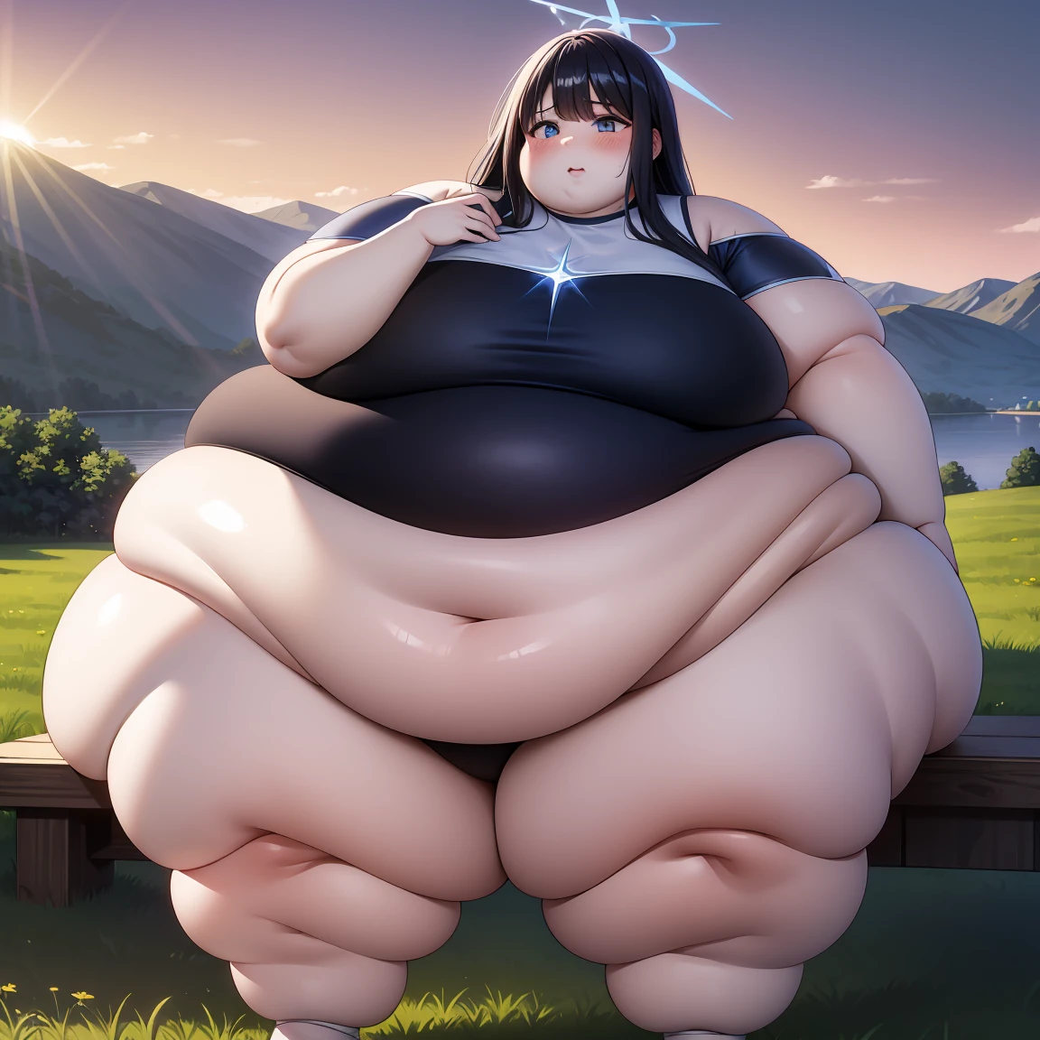 saori joumae, blue eyes, blue hair, halo, long hair, Rule_of_thirds, 1 girl, obese, (obese belly):1.6, (obese legs):1.5, fat rolls, SSBBW Adeline body, Serene expression, mesmerizing eyes, straight long hair, flowing dress, poised posture, porcelain skin, subtle blush, crystal pendant, golden hour, (rim lighting):1.2, warm tones, sun flare, soft shadows, vibrant colors, painterly effect, dreamy atmosphere ,scenic lake, distant mountains, willow tree, calm water, reflection, sunlit clouds, peaceful ambiance, idyllic sunset, ultra detailed, official art, unity 8k wallpaper