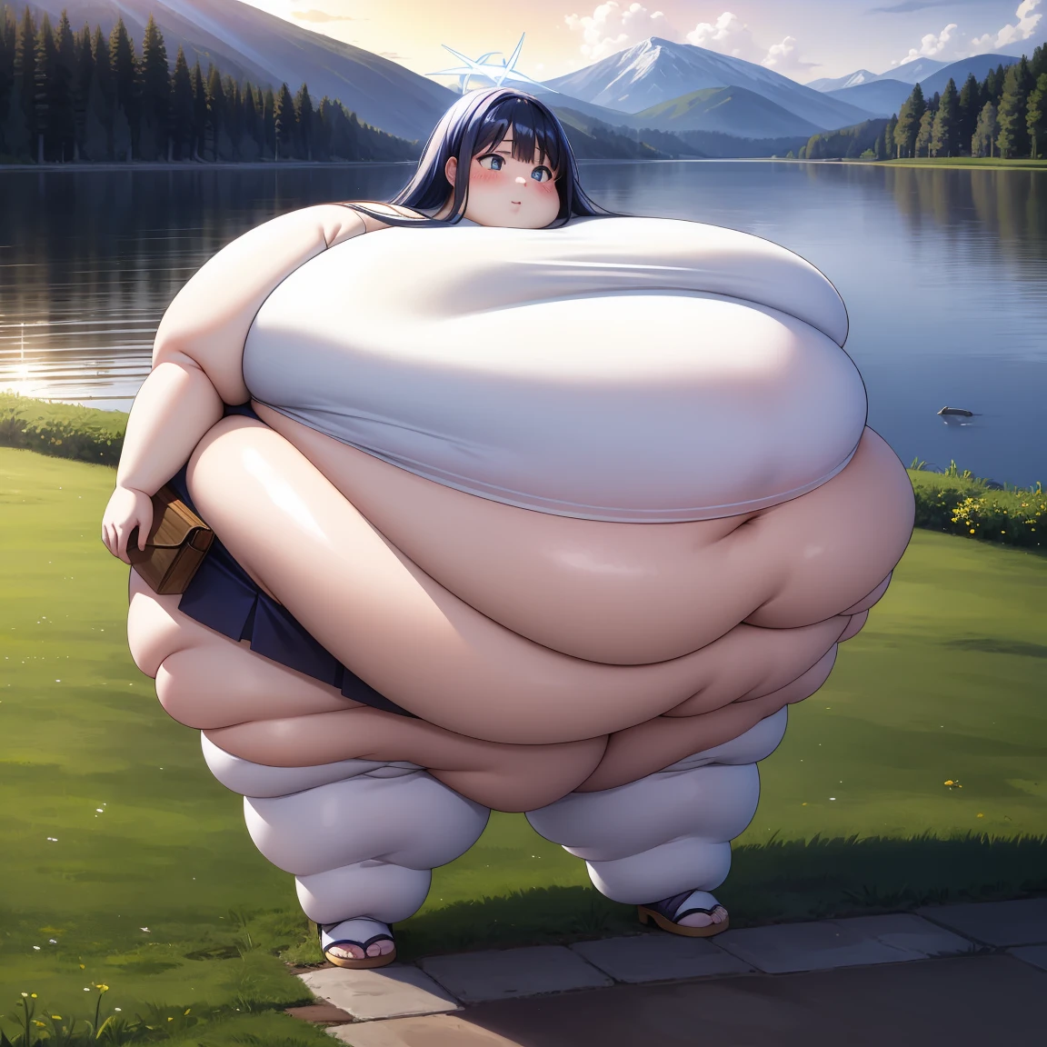 saori joumae, blue eyes, blue hair, halo, long hair, Rule_of_thirds, 1 girl, obese, (obese belly):1.6, (obese legs):1.5, fat rolls, SSBBW Adeline body, Serene expression, mesmerizing eyes, straight long hair, flowing dress, poised posture, porcelain skin, subtle blush, crystal pendant, golden hour, (rim lighting):1.2, warm tones, sun flare, soft shadows, vibrant colors, painterly effect, dreamy atmosphere ,scenic lake, distant mountains, willow tree, calm water, reflection, sunlit clouds, peaceful ambiance, idyllic sunset, ultra detailed, official art, unity 8k wallpaper