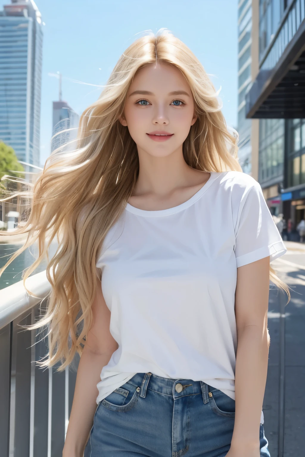 A beautiful young American girl with long, wavy blonde hair and sparkling blue eyes. She has fair skin and a charming smile. She's wearing a casual white t-shirt and blue jeans. The background is an urban landscape reminiscent of New York City, with skyscrapers in the distance. The sunlight is gently reflecting off her hair, highlighting her golden locks.