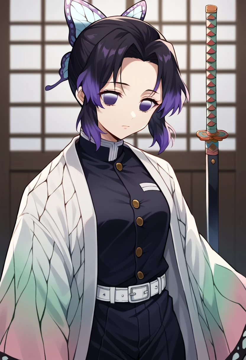 EFT_Shinobu, 1girl, kochou shinobu, demon slayer uniform, butterfly hair ornament, solo, hair ornament, weapon, sword, purple hair, multicolored hair, purple eyes, black hair, japanese clothes, gradient hair, haori, belt, katana, short hair, sheath, long sleeves, empty eyes, parted bangs, jacket, no pupils, bangs, white belt, blurry background, indoors, upper body, blurry