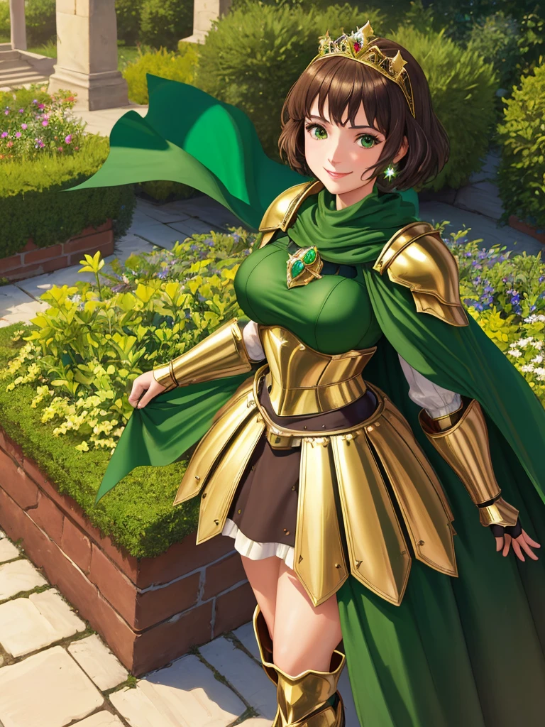 masterpiece, best quality:1.2), 1girl, smile, looking at viewer, green eyes, short brown hair, princess, armor, , pauldrons, armored dress, green cloak cape, wearing puffy blue ballgown skirt, golden tiara with green gem, armored boots, fingerless gloves, standing in medieval garden