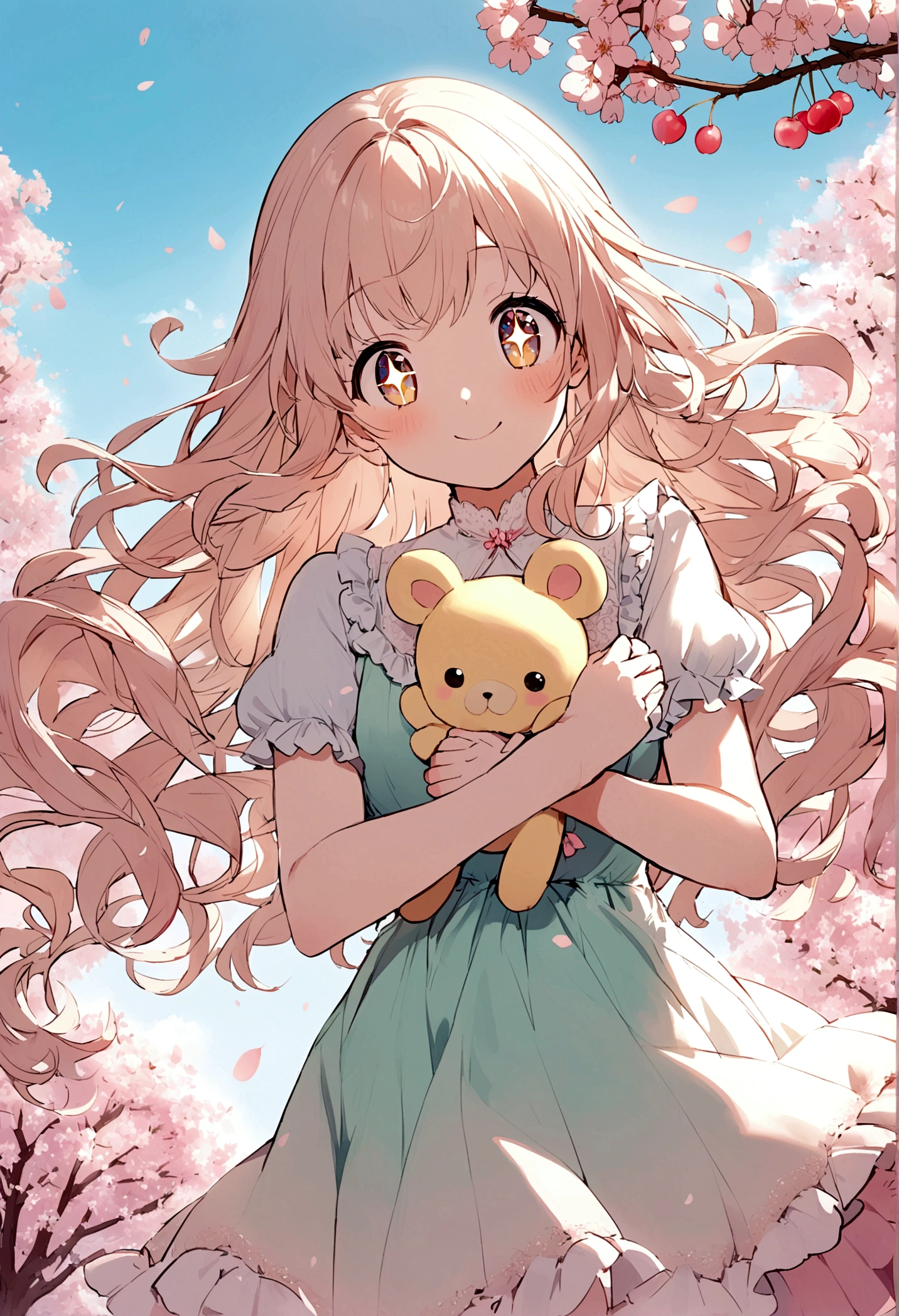 A cute anime girl with big, sparkling eyes and long, flowing hair. She wears a cute, pastel colored dress with lace and ruffles. She smiles kindly and holds a small cuddly toy in her hands. In the background are blooming cherry blossoms and a bright, clear sky