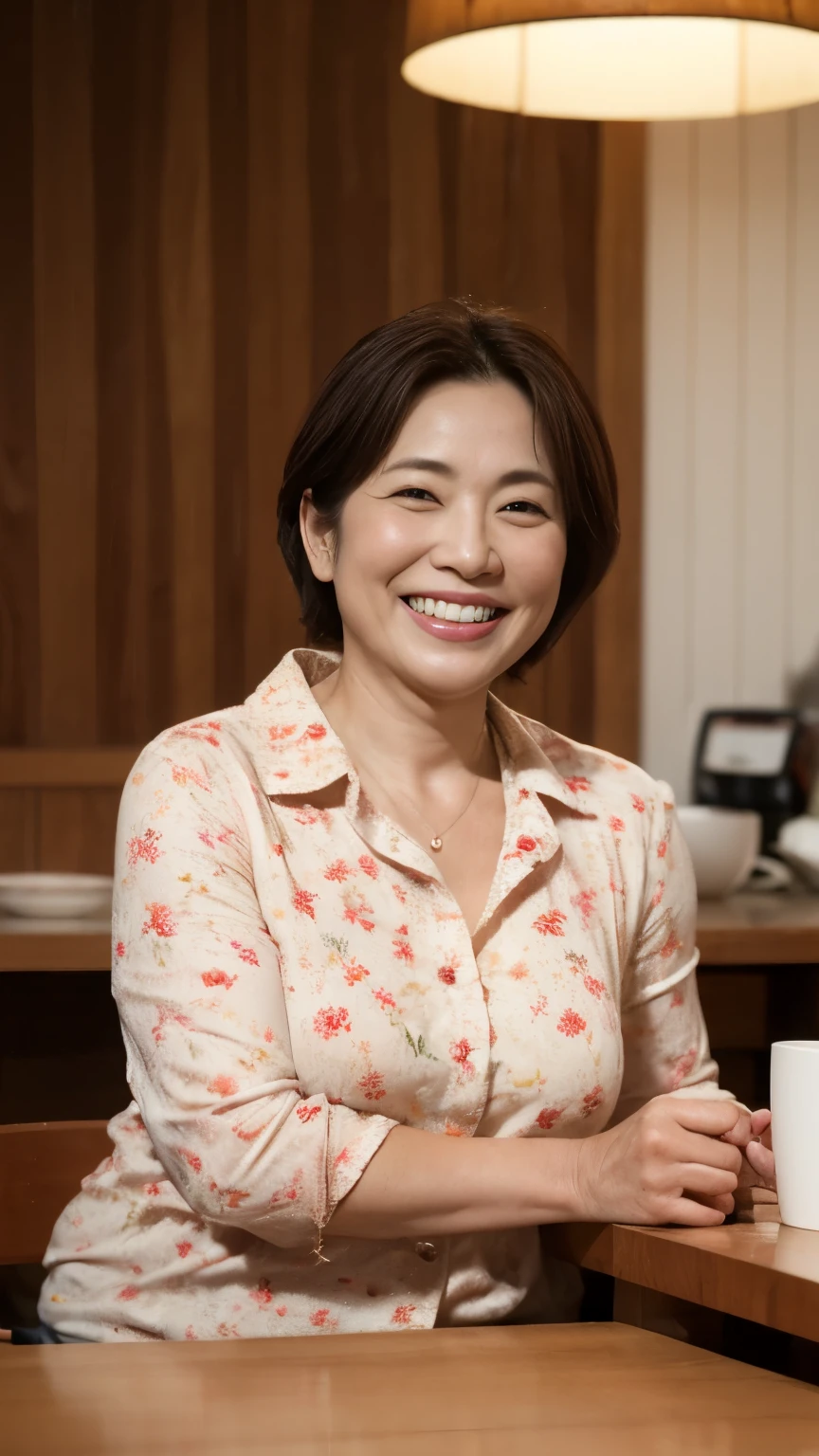 8k wallpaper, masterpiece, Highest quality, Super detailed, One Mature Woman, 50 years old, Become very clear, Wearing a short-sleeved blouse, Skin dents, Captivating smile, Looking at the audience, , plump, Curvaceous, Fascinating face, Smiling with teeth showing, Wrinkles around the eyes, Sit at a coffee shop, Background Blur