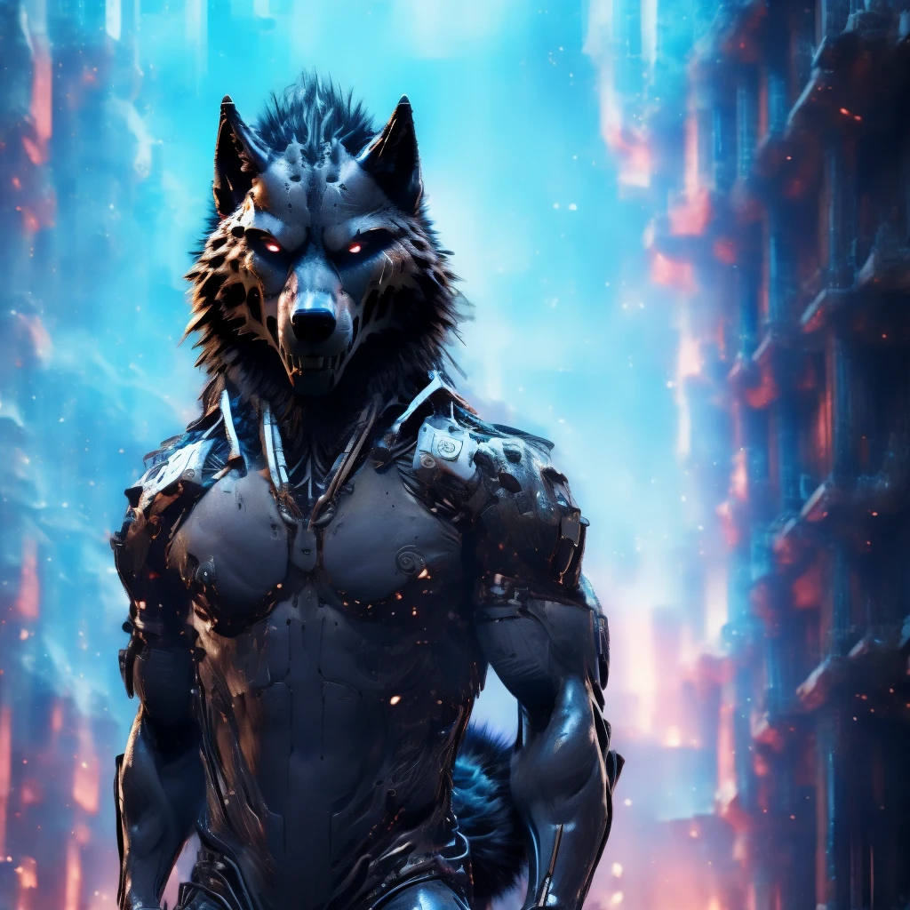 Posing, Male, 30 years old, evil grin, blue glowing eyes , anthro,  wolf ears, (black fur:1.5), cyber wolf, city background, 8k, hi res, (best quality, masterpiece), (wolf tail:1.5), detailed fur, solo, looking at camera, night, black leather jacket, Blue jeans, realistic,