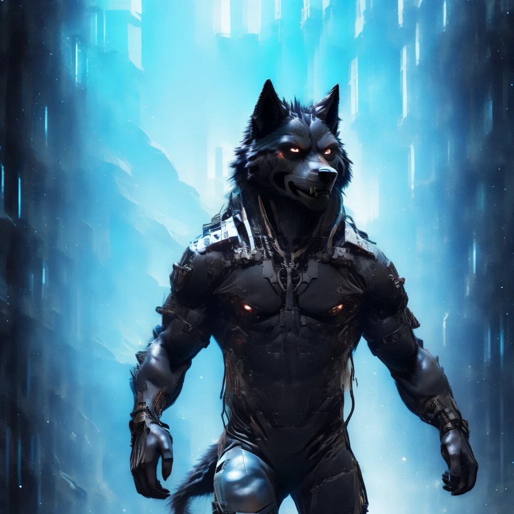 Posing, Male, 30 years old, evil grin, blue glowing eyes , anthro,  wolf ears, (black fur:1.5), cyber wolf, city background, 8k, hi res, (best quality, masterpiece), (wolf tail:1.5), detailed fur, solo, looking at camera, night, black leather jacket, Blue jeans, realistic,