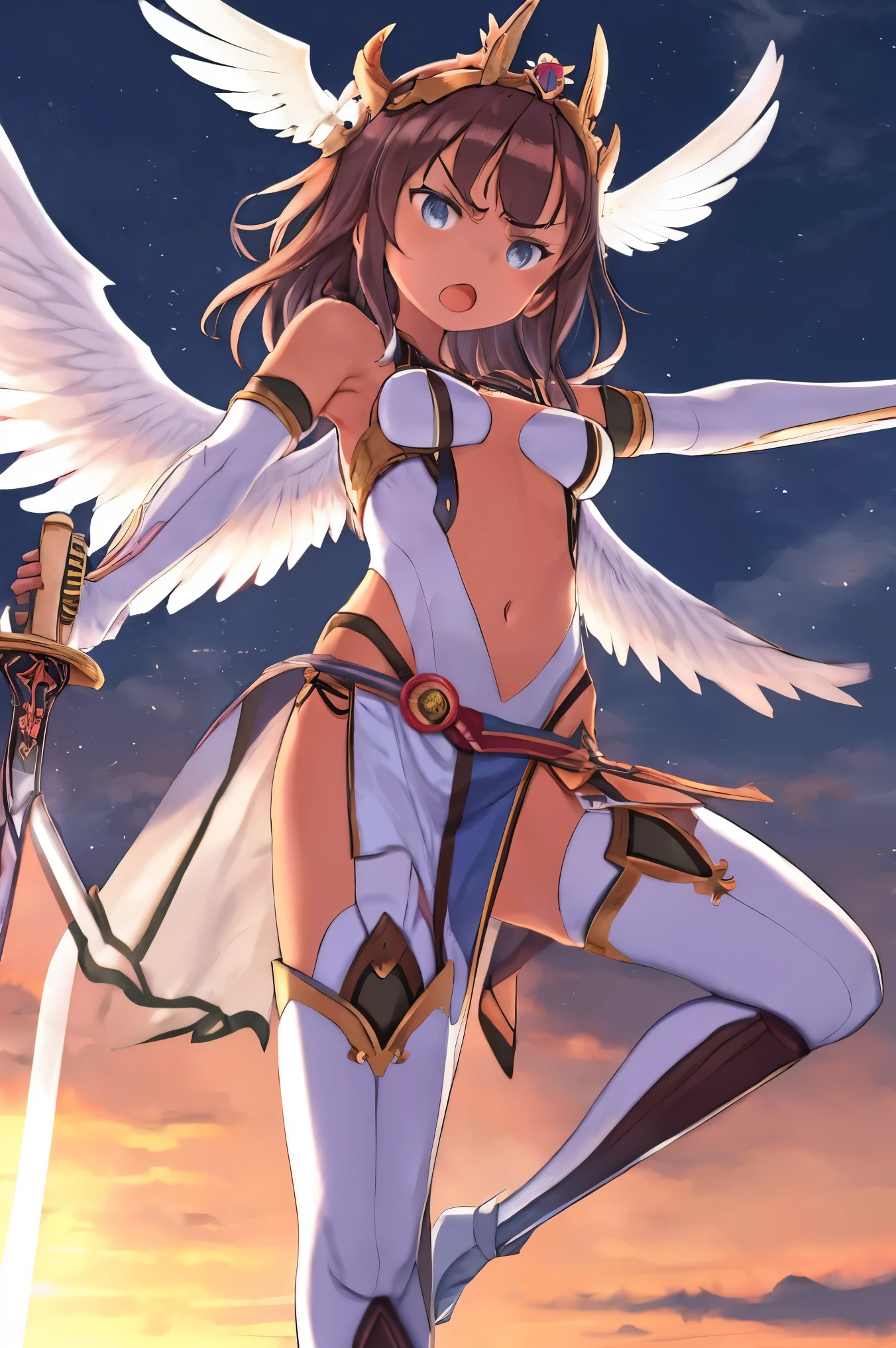 fantasy, 1angel_girl, low_, dark_brown_hair,long_bangs, (dark_skin)+, bare_shoulder, navel out, thighhighs,silver_shiny_armor, white_clothes,waist_armor, Glebe, hold_swords_emits_light, medium_breasts, dynamic_flying_pose,Floating, (1pair_white_wings:1.2),(pelvic_curtain:1.3), silver_Headgear ,looking_down_at_sunset_city_sky_background,,slightly_spread_legs, some_swords_emits_light,some_swords_emits_light_floating_around_the_girl,solo,glare_halo,angry,shout,open_mouth,open_legs,open_arms,rise_knee,rise_leg,rise_thigh,rise_leg,forward_leaning_posture,apart_legs,