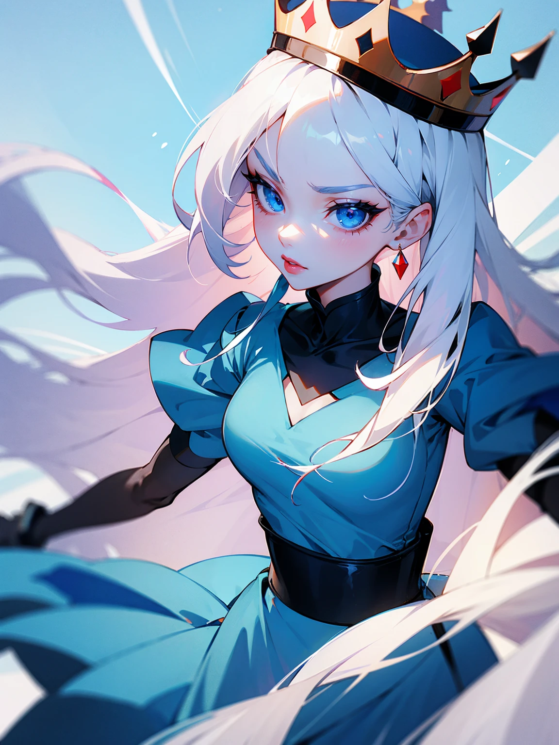 1female, white hair, long hair, blue eyes, crown, sky blue dress, red lip gloss, serious
