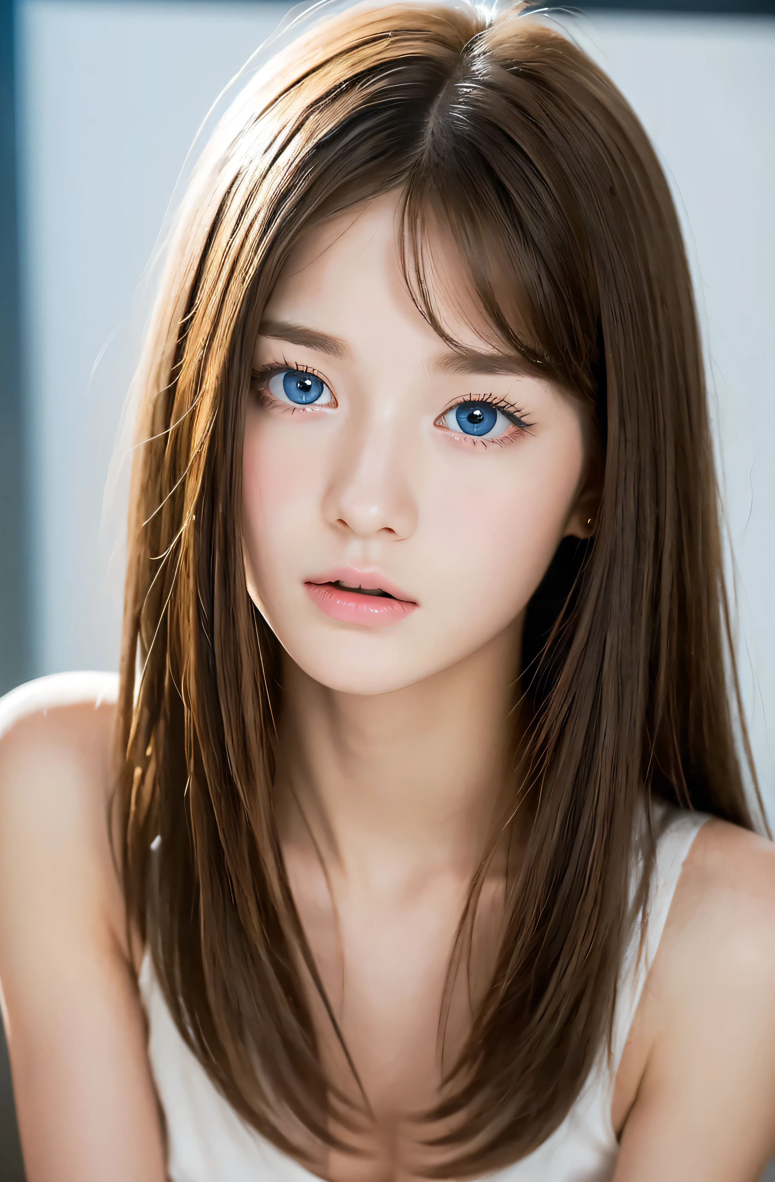 (best quality,hyper-realistic,ultra-detailed,8k), ager, fifteen years old, shy, sad, paleness, big blue eyes, very white skin, small nose, short brown hair with bangs, melancholy, delicate, feminine, student, Madrid.