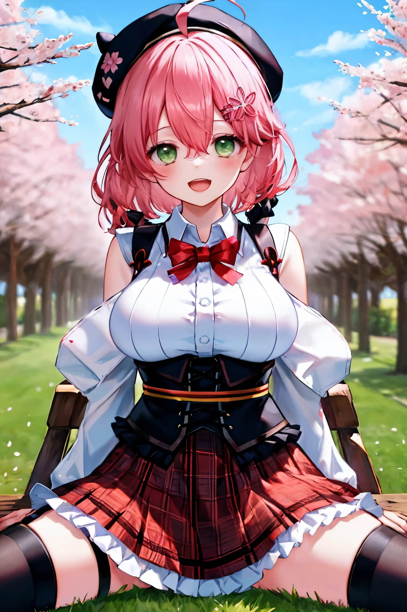masutepiece, Best_Quality, hight_resolution, miko2,Ponytail, 1girl, Ahoge, black headwear, Hair Ornament, White shirt, black thighhighs, Pink hair, Red_skirt, very_short_skirt, plaid skirts, garter_strap, Collared shirt, hair clips, frilld, Bangs, hair between eye, frills skirt, beret, Pleated skirt, Hair Flower, Neck bell, , puffy long sleeves, Black bow, Underbust, Cowboy Shot,Smile, (large_breasts:1.3),covered_nipples, covered_pussy,green_eyes, happy, childlike_posing,spread_legs,(big_smile:1.2),plump,open_mouth,shout,half_eyes,cherryblossom_park_background,