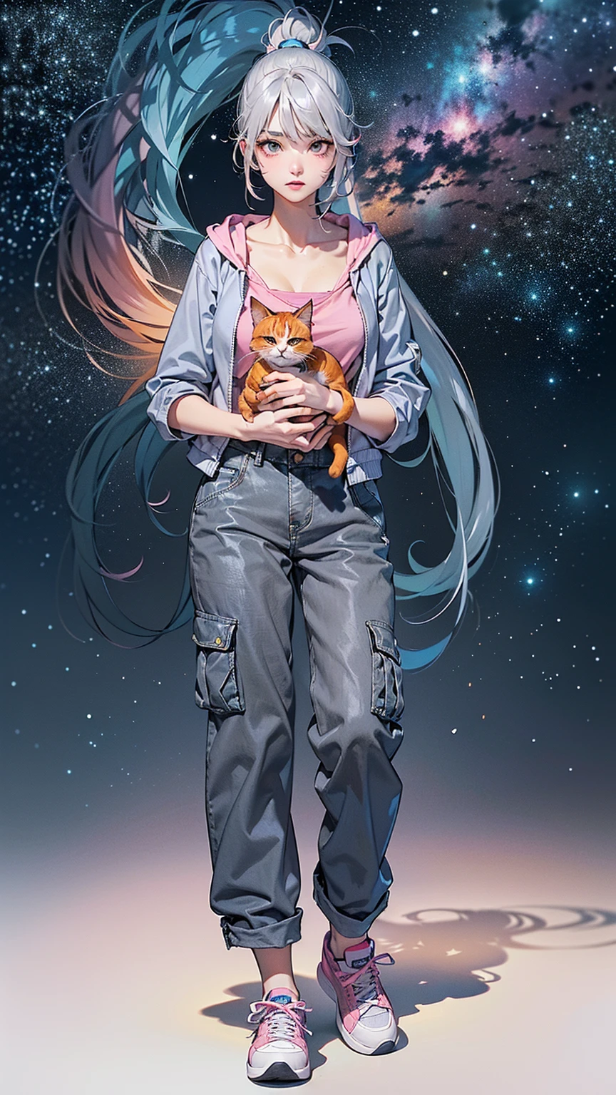 (((Holding a cute orange bantam cat in both hands))),((Highest quality,masterpiece,一位超Mature高挑美女正面全身圖,Air bangs,Blue gray high ponytail super long straight hair,Slightly curly hair on double sideburns,Hair ends curled in,Gray and pink short T-shirt,Light blue denim gray hooded jacket,Black and gray long and wide cargo pants,Pink and white sneakers,Exposed clavicle)),((Mature,Look at the camera head-on)),starry sky galaxy background