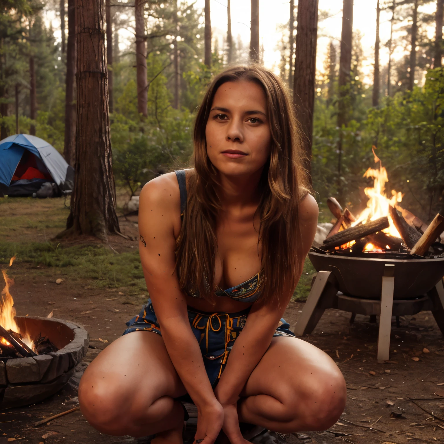 ((Perfect hourglass figure)) ((masterpiece)) perfect face close up of Velma Dinkley nude sitting on a sleeping bag in a forest, using a life like dildo, a tent and campfire in the background, seductive grin, seductive lustful gaze